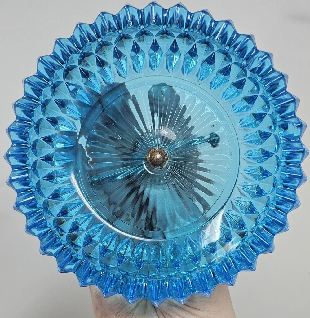 VTG Indiana Glass Diamond Point Blue Glass Powder Jar Candy Dish Vanity *Flaws*